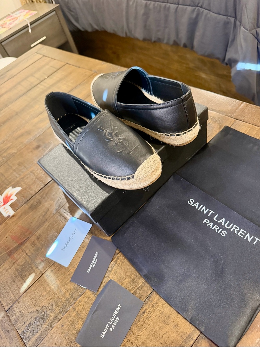 Yves Saint Laurent Black Leather Espadrille Flats with Jute Trim